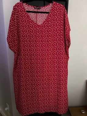 Red V-Neck Women’s Top with White Heart Print